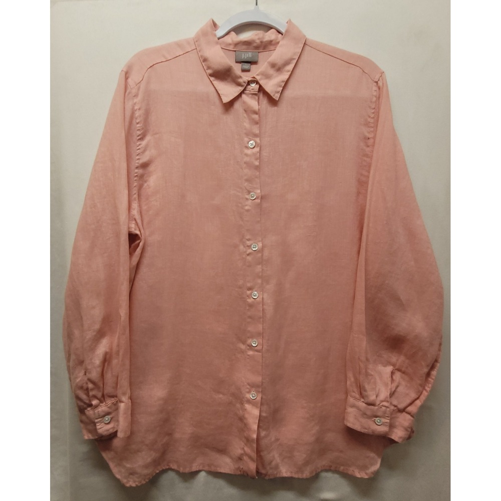 J. Jill Womens Large Coral Pink 100% Linen Button Down Long Sleeve Shirt Top
